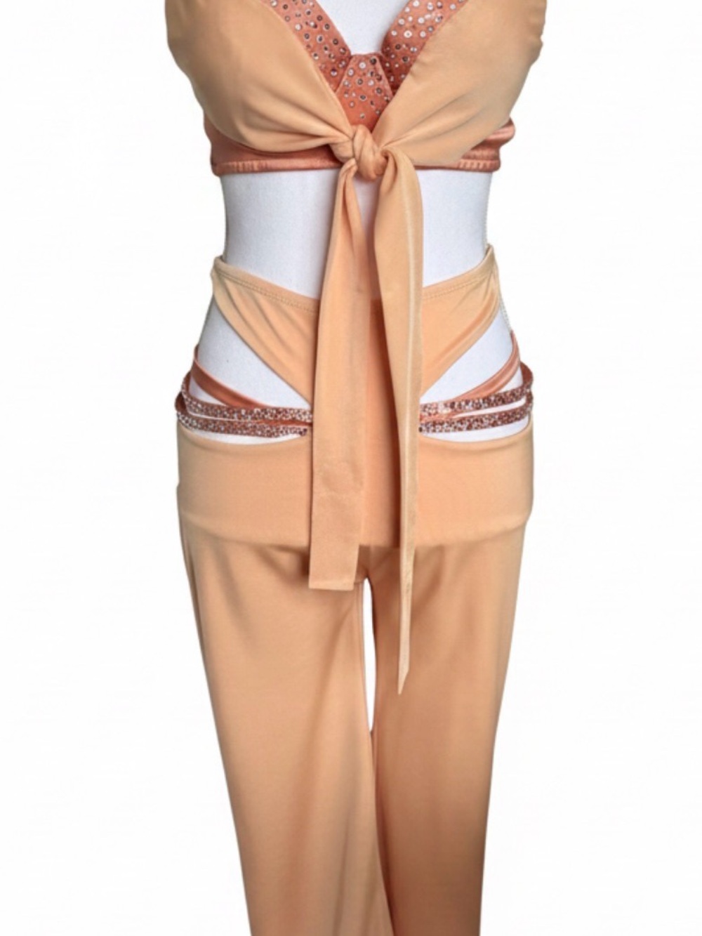 Tie-Front Crop Top in Peach Rhinestone 3-Piece Dance sz M/L